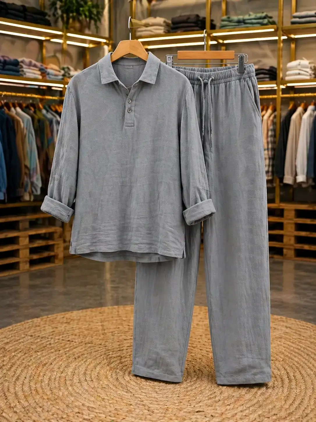 Men's Grey Long-Sleeve Henley and Trouser Co-ord Set